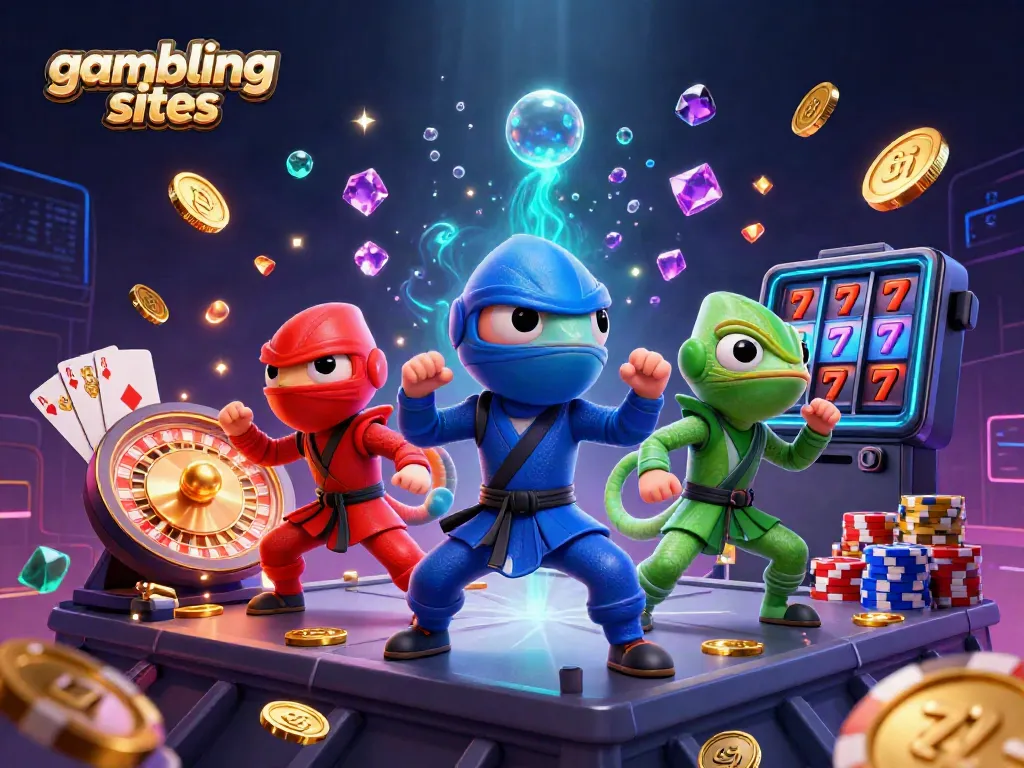 Experience action-packed gambling sites with ninja chameleons amidst coins and cards.