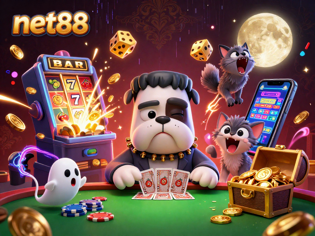 Experience thrilling gameplay at net88 as a Frankenstein bulldog deals cards amid colorful casino elements.