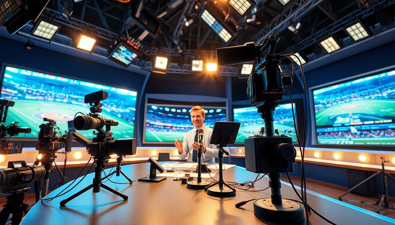 Engaging sports broadcasting studio showcasing live feeds and advanced equipment.