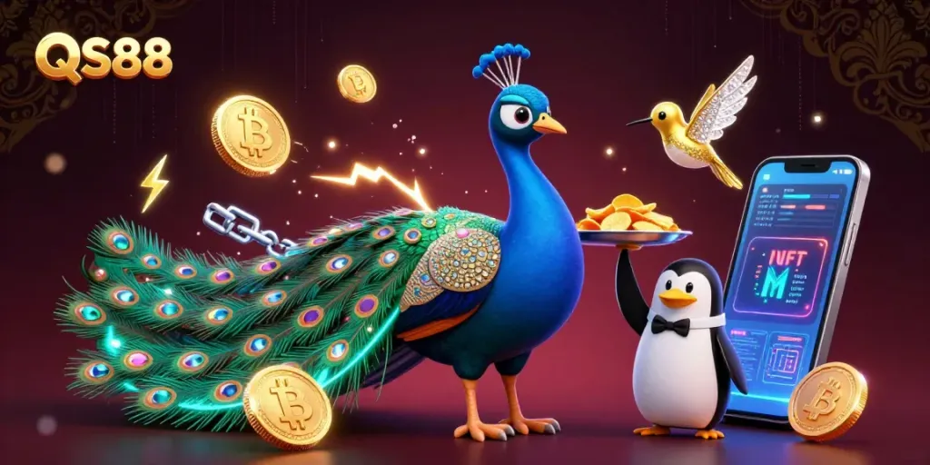 Experience high-stakes gaming at QS88 with vibrant characters and crypto elements in a dynamic casino scene.