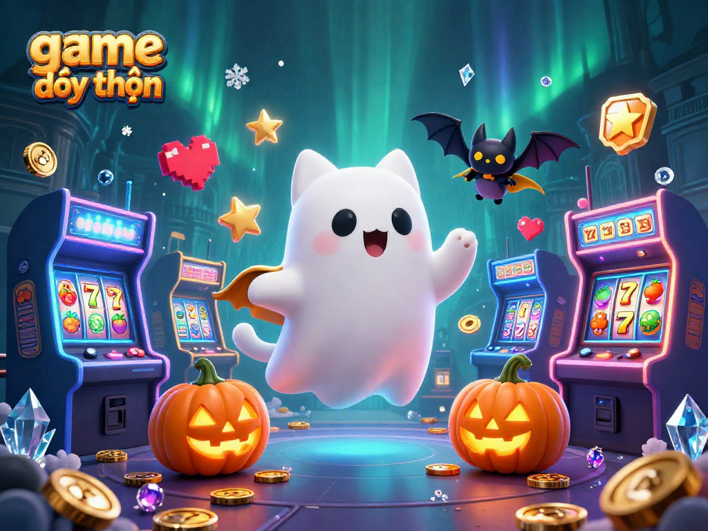 Engage in game đổi thưởng with a vibrant ghost cat, bat, and casino elements illuminated by spooky jack-o-lanterns.