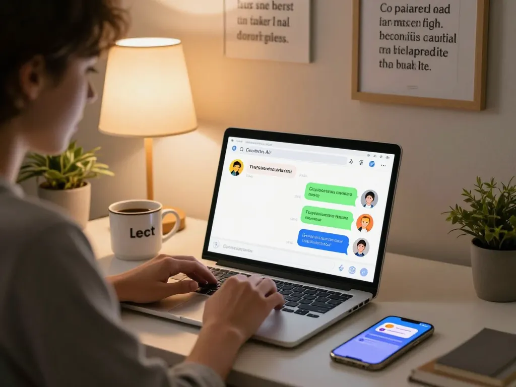 User enjoying CrushOn AI chat interaction at home office with colorful character avatars on laptop