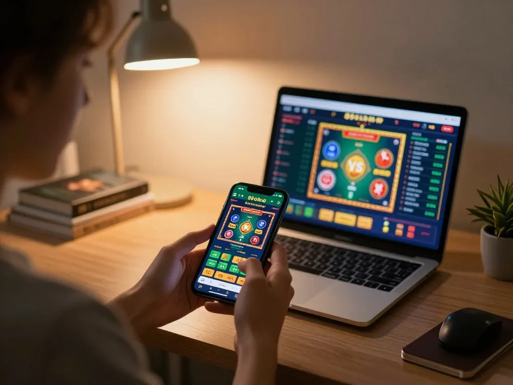 Player engaging with 88clbgo app for online casino gaming in cozy home office.