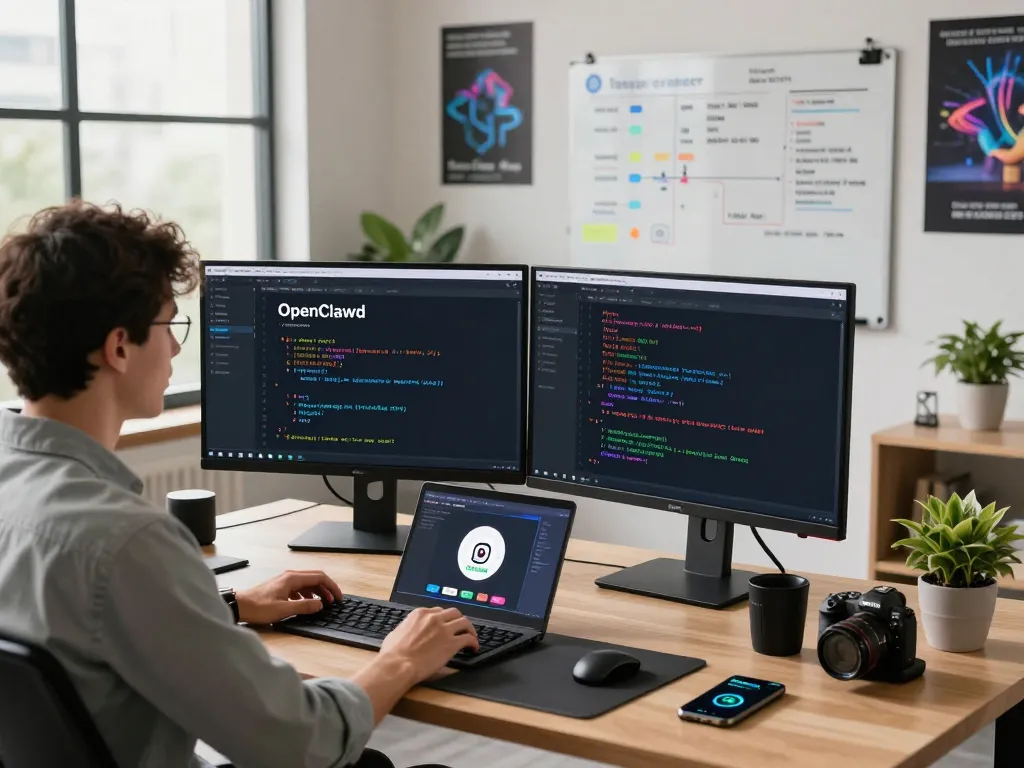 OpenClawd AI workspace with developer coding and integrating messaging apps.