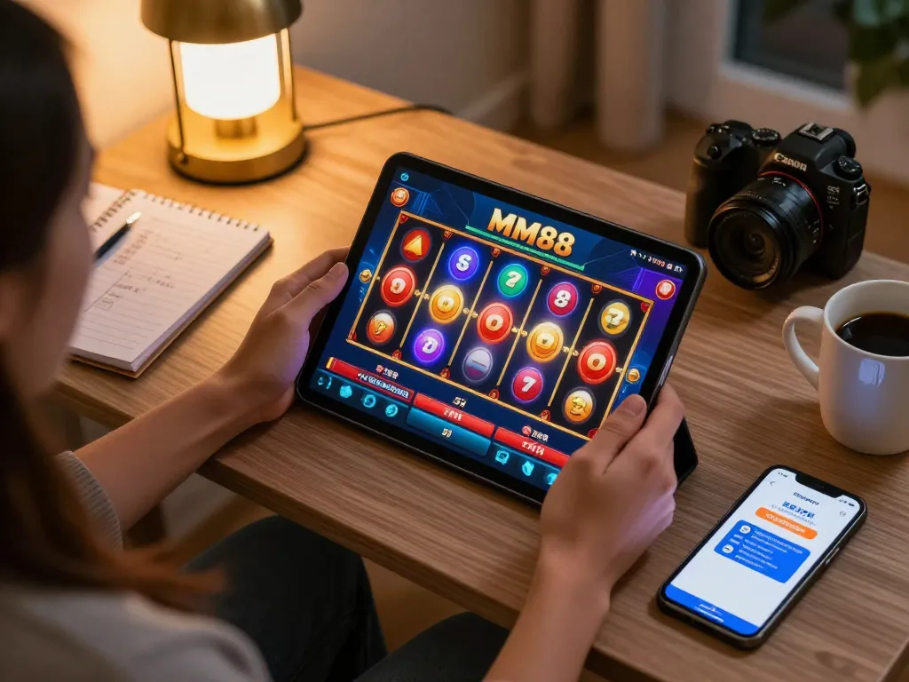 Engaging with the MM88 casino app for exciting slot gameplay in a cozy home setting.