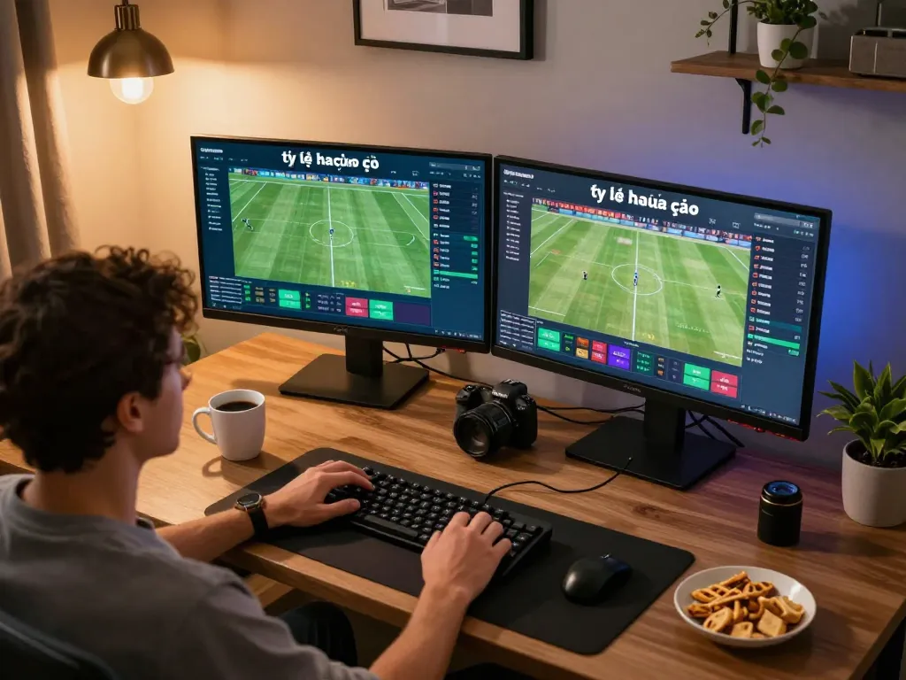 Tỷ lệ nhà cái prominently displayed on a vibrant sports betting app while enjoying a home office betting experience.