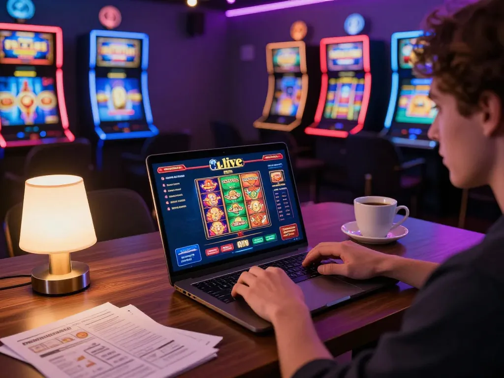 Player engaging with 8live casino interface on laptop, showcasing a vibrant online gaming atmosphere.