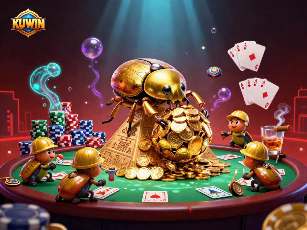 Experience thrilling games with KUWIN, featuring vibrant casino elements and golden treasures.