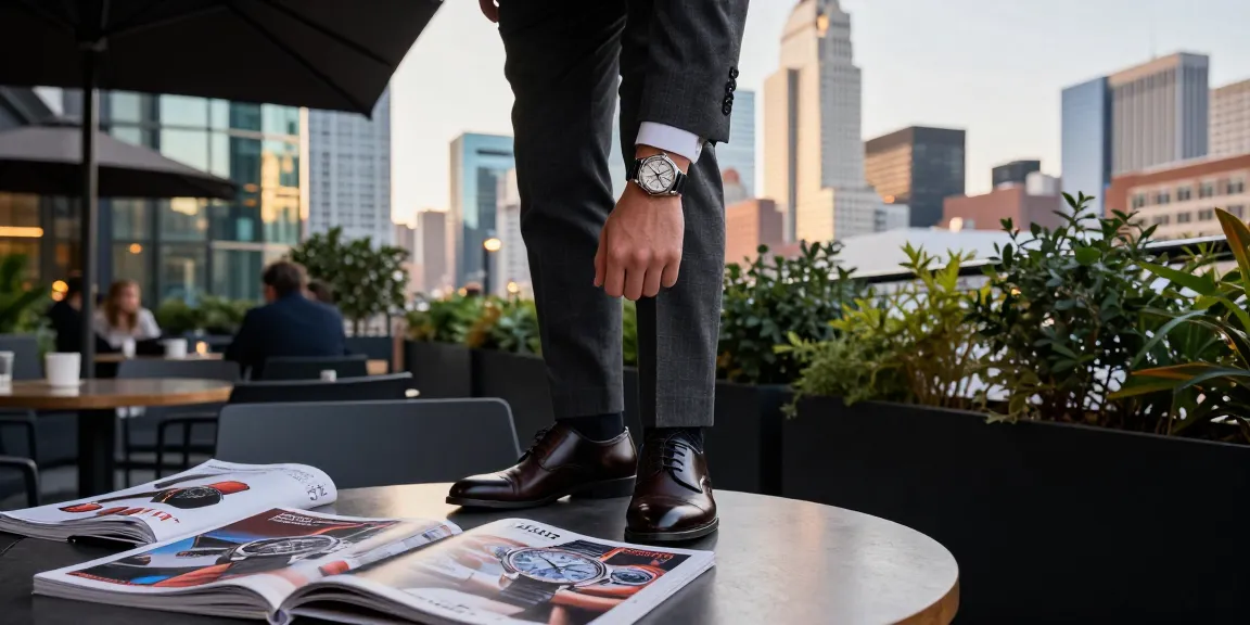 Stylish individual showcasing a replica watch amidst a vibrant city skyline.