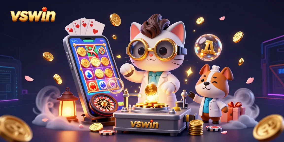 Experience exciting gameplay with VSWIN's vibrant casino scene featuring a mad scientist cat and slot games.