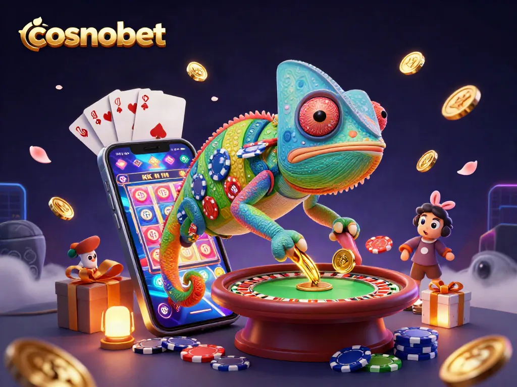 Win exciting slots and games at cosmobet, featuring vibrant characters in a lively casino scene.