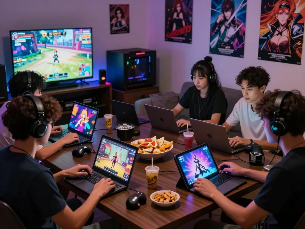 Players enjoying engaging porn games on various devices in a cozy gaming environment.