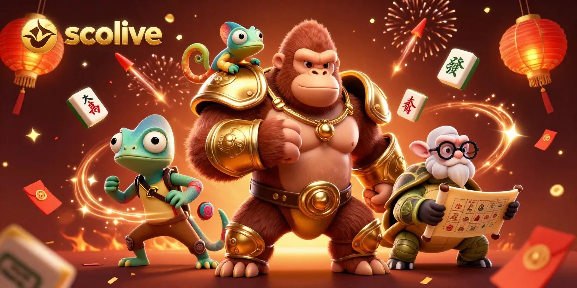 Socolive enhances gambling excitement with a dynamic 3D scene showcasing a gorilla king, chameleon, and wise tortoise amidst festive casino elements.