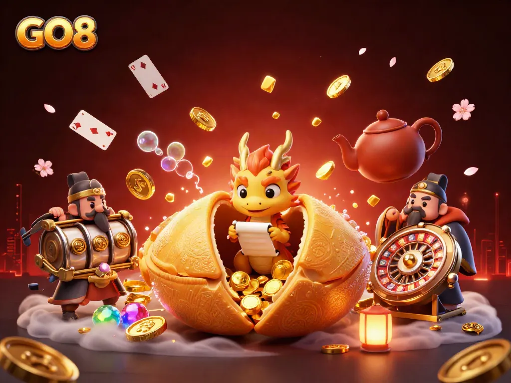Engage with the vibrant GO8 casino universe featuring a dynamic 3D illustration of fortune cookie characters surrounded by colorful gaming elements.