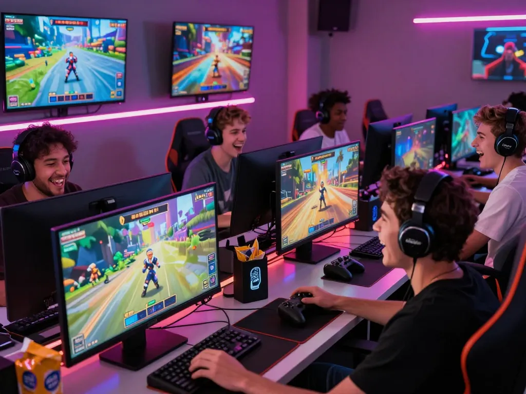 Players enjoying immersive porn games on multiple screens in a vibrant gaming atmosphere.