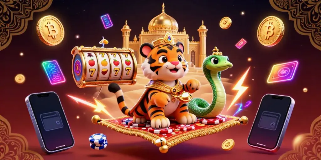 Engage in thrilling slots action with U888's vibrant 3D Arabian Nights-themed casino illustration.