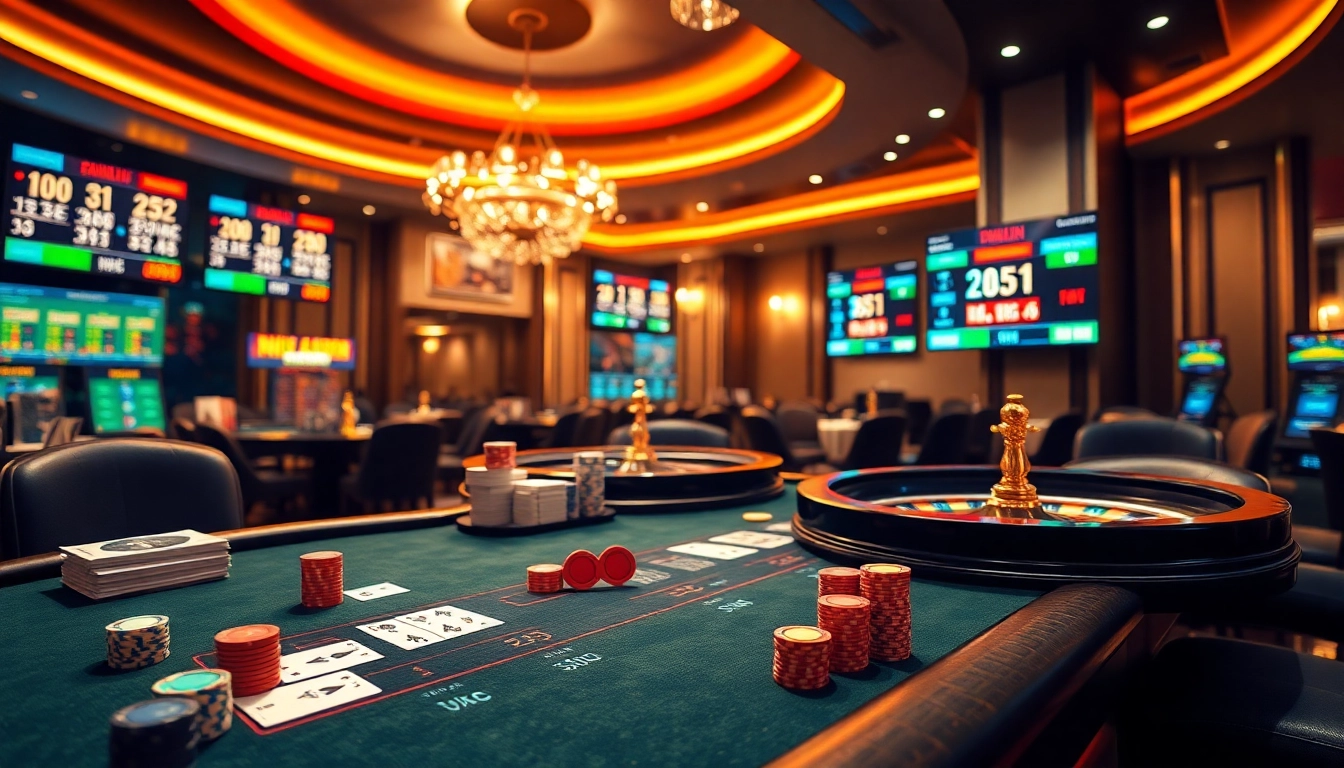 Engaging scene of kèo nhà cái 5 betting at a luxurious casino poker table with roulette and chips.