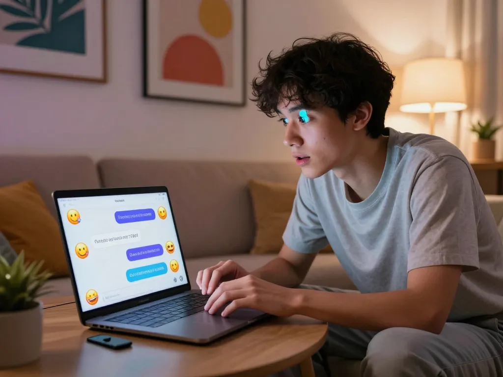 Engaging AI porn chat session on a colorful interface with playful emojis, showcasing a relaxed user experiencing intimate virtual interactions.