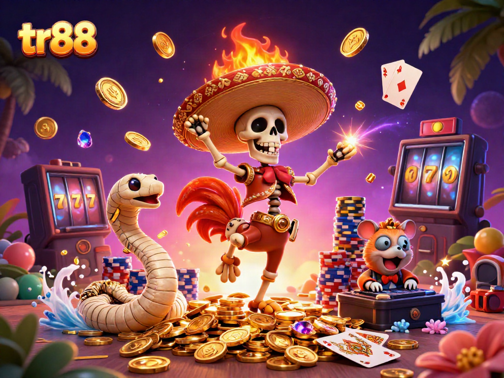 Experience tr88 in a vibrant casino scene filled with dynamic characters and slot machine excitement.