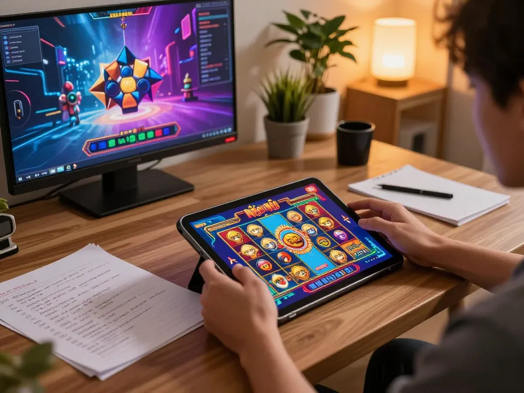 Nổ Hũ gameplay on a tablet with an engaging display, showcasing the thrill of online gambling.