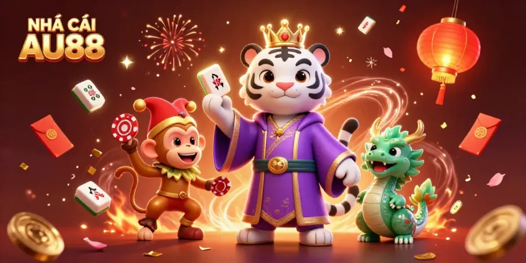 Experience the vibrant NHÀ CÁI AU88 with a playful white tiger and golden monkey in an exciting casino scene.