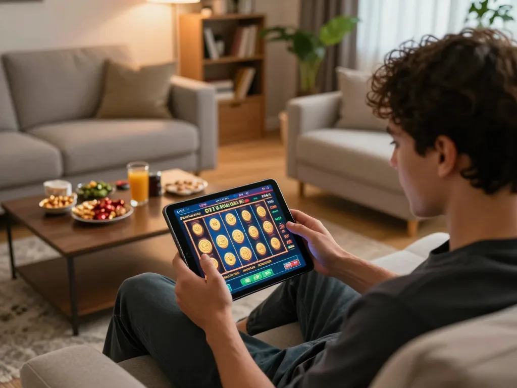 Excited player engaging in online casino gaming with ok365 on tablet, cozy home setting.