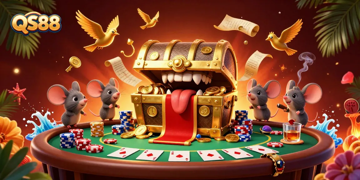 Experience thrilling adventures with QS88, a treasure chest and mice in a bustling poker scene.