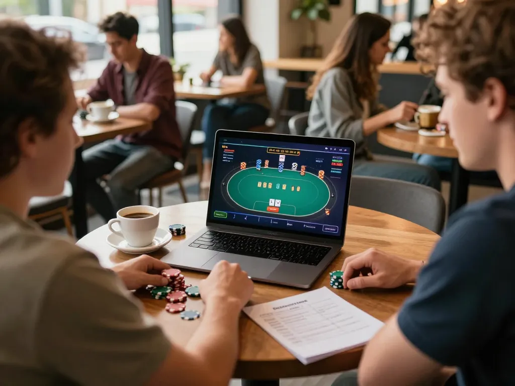 Engaged player strategizing in a gamebaidoithuong8 poker match at a vibrant coffee shop setting