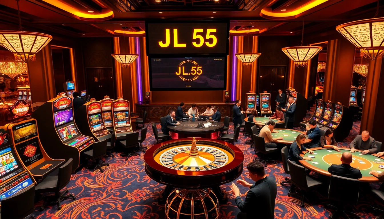 Gamblers enjoying games like slots and poker in a luxurious casino scene featuring JL 55.