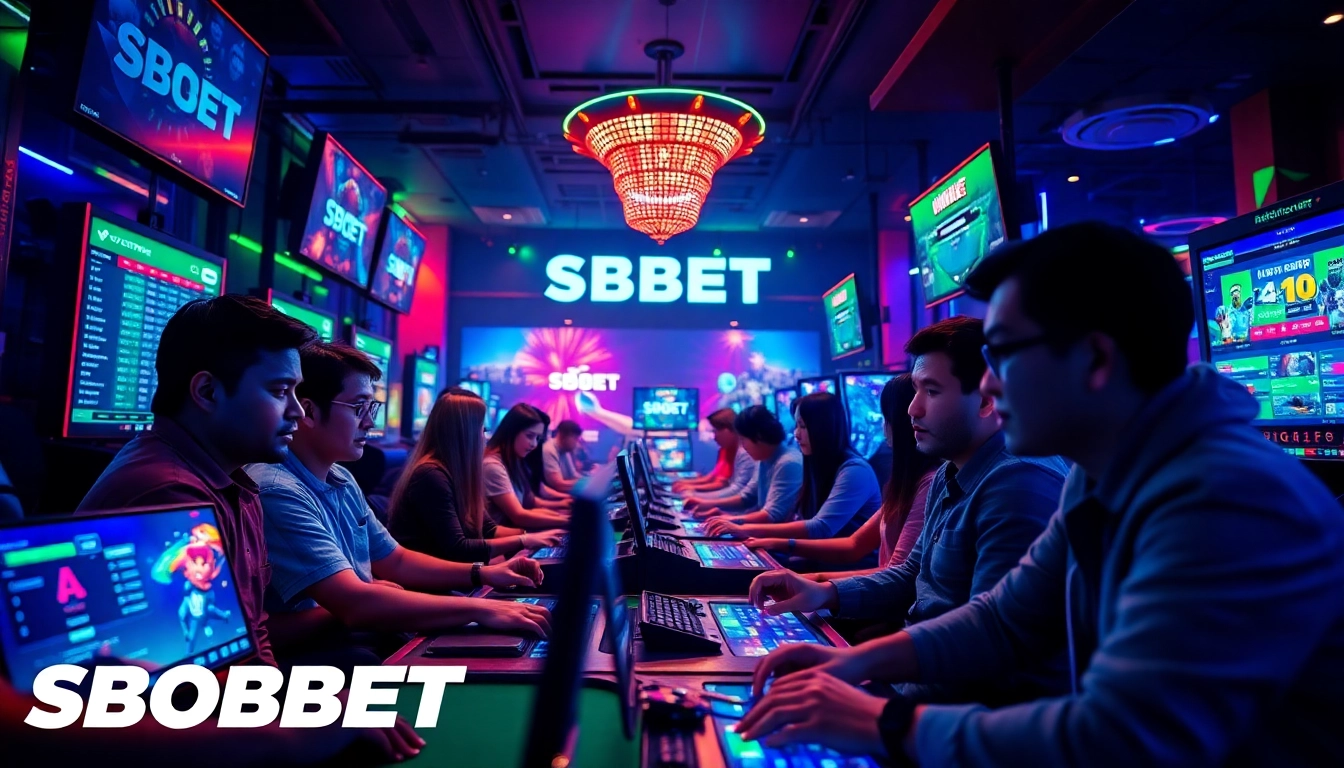 SBOBET.dance showcases an engaging online gaming scene with players enjoying poker and sports betting in a vibrant, neon-lit atmosphere.