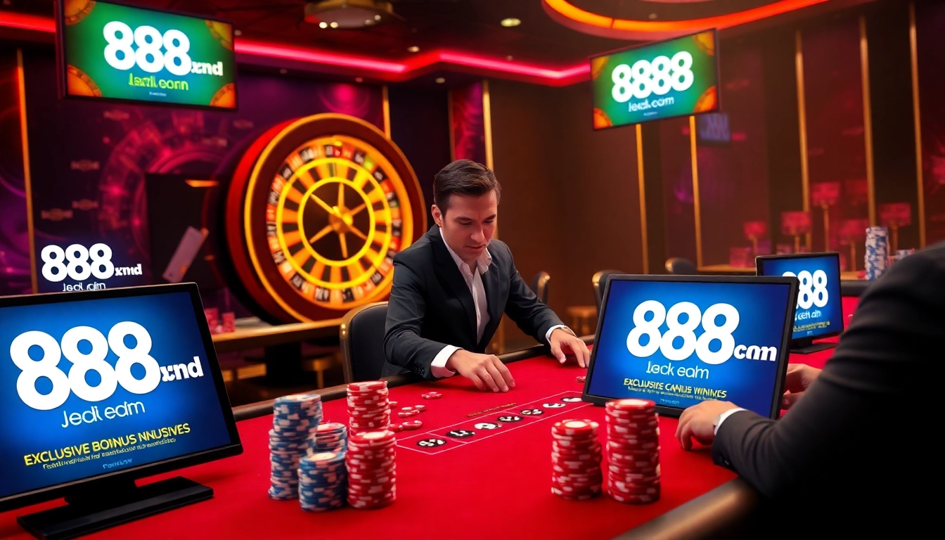 Engaging casino scene showcasing 888vnd com with poker strategy and vibrant roulette gameplay.
