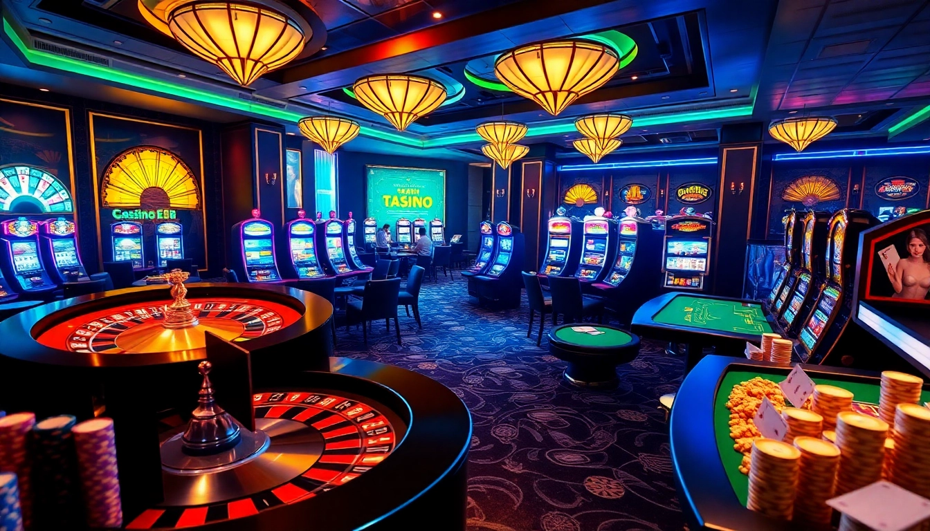 Engaging casino atmosphere featuring TG88 com with roulette wheels, poker tables, and slot machines.