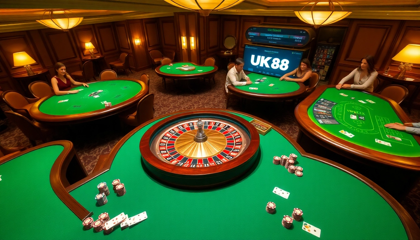 Engage with thrilling gameplay at https://uk88.za.com/ featuring vibrant casino tables, chips, and cards.