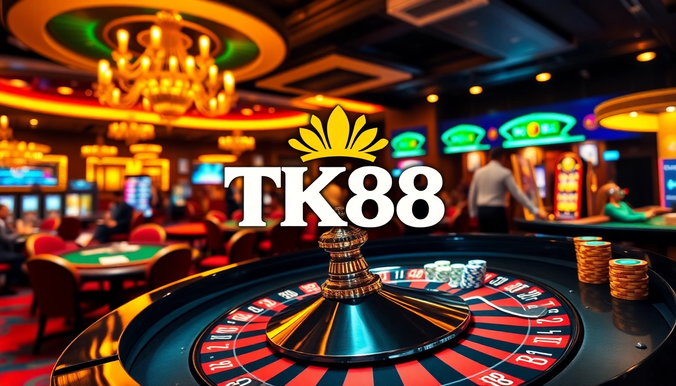 Experience thrilling gaming action at TK88 Casino with vibrant poker tables and roulette.