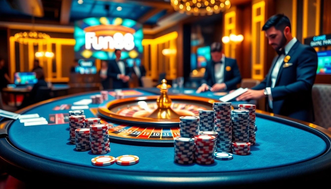 Engaging players at Fun88 com enjoying a lively casino atmosphere with cards and roulette.