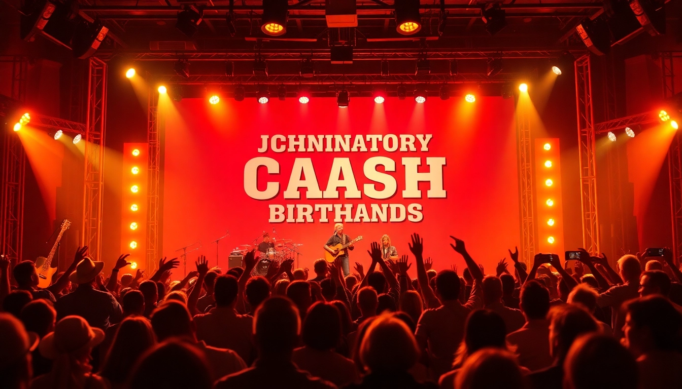 Celebrate Johnny Cash's legacy at johnnycashbirthday.com with a vibrant live music poster showcasing fans and performers.
