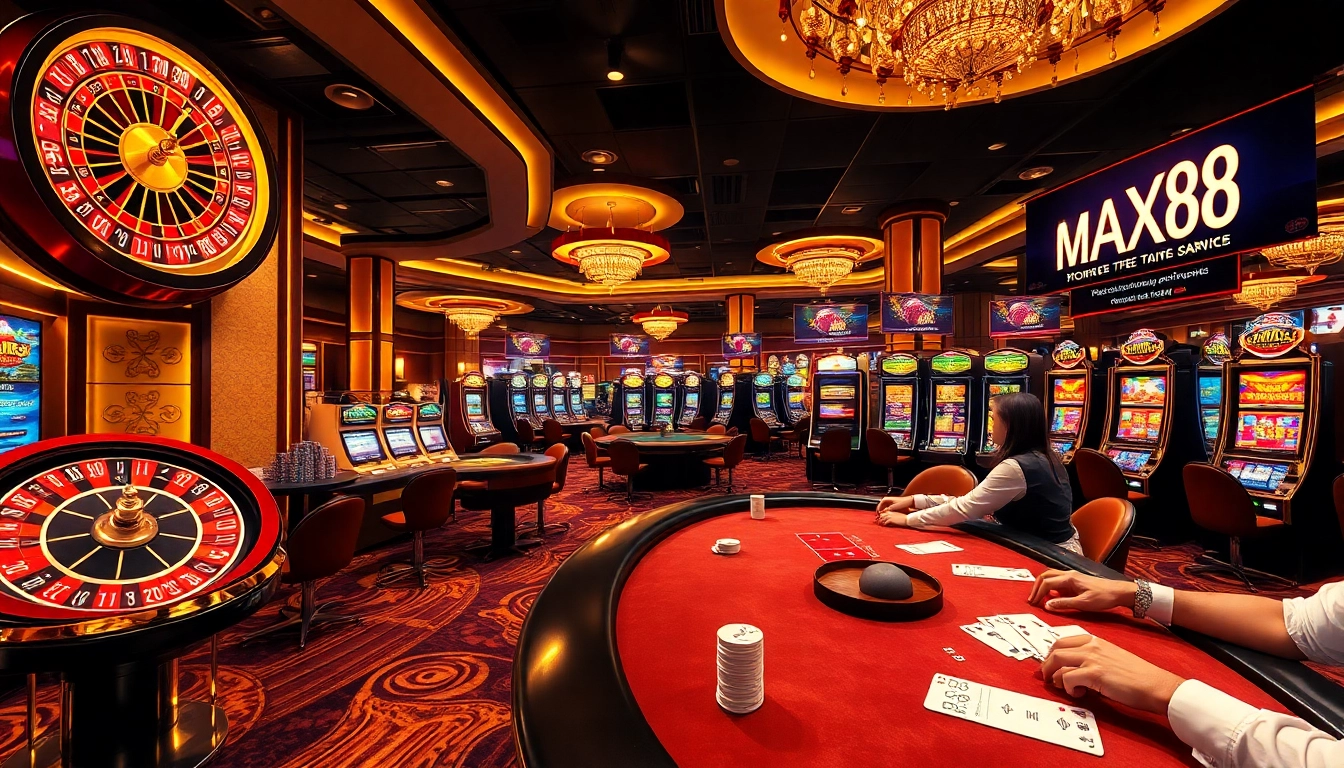 Dynamic scene highlighting nhà cái max88 with lively casino atmosphere, poker tables, and roulette wheels.