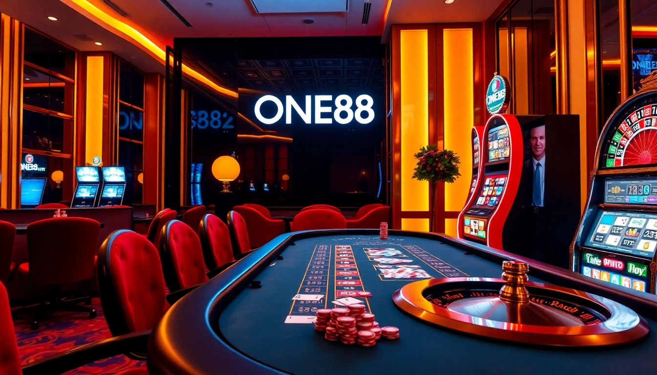 ONE88 casino scene featuring poker chips and roulette, capturing the thrill of gambling.