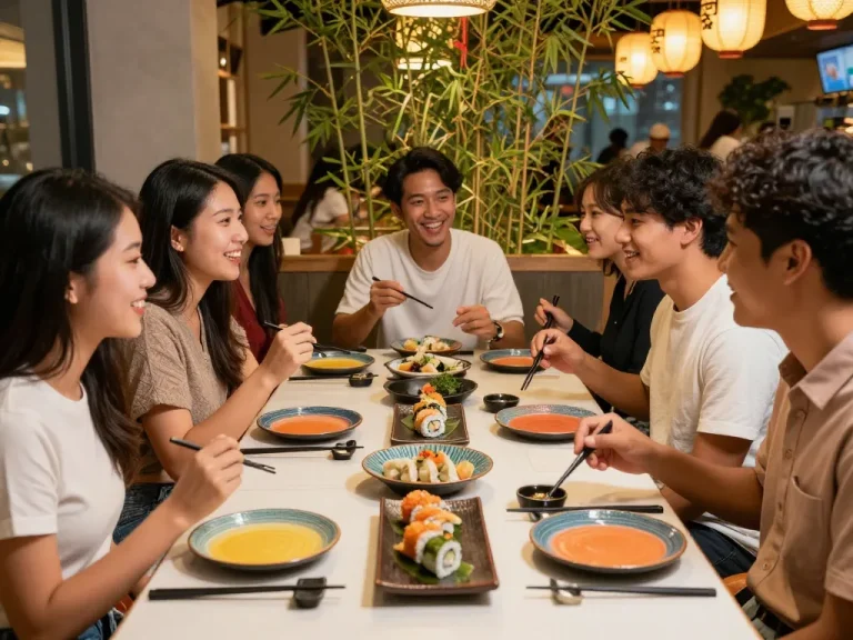 Friends enjoying a delightful dining experience at RED88 Asian bistro with various dishes.