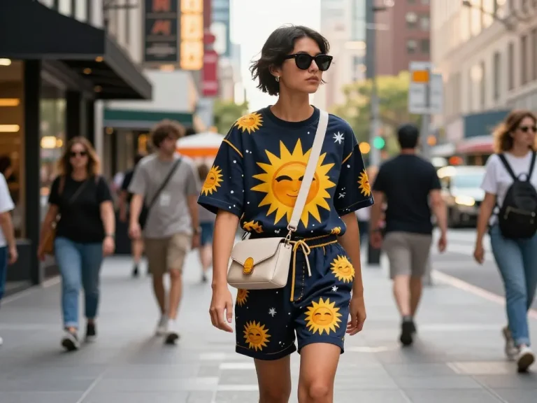 Fashionable person in sunwin outfit walking in a vibrant urban setting
