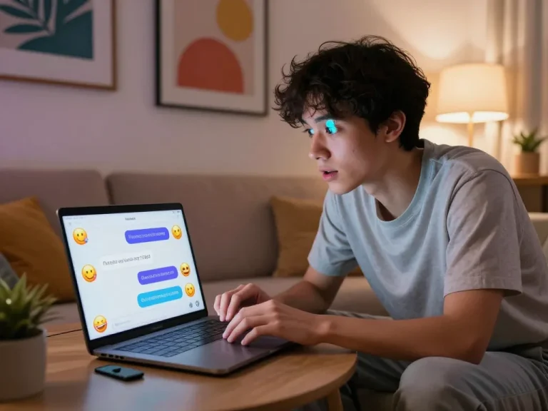 Engaging AI porn chat session on a colorful interface with playful emojis, showcasing a relaxed user experiencing intimate virtual interactions.